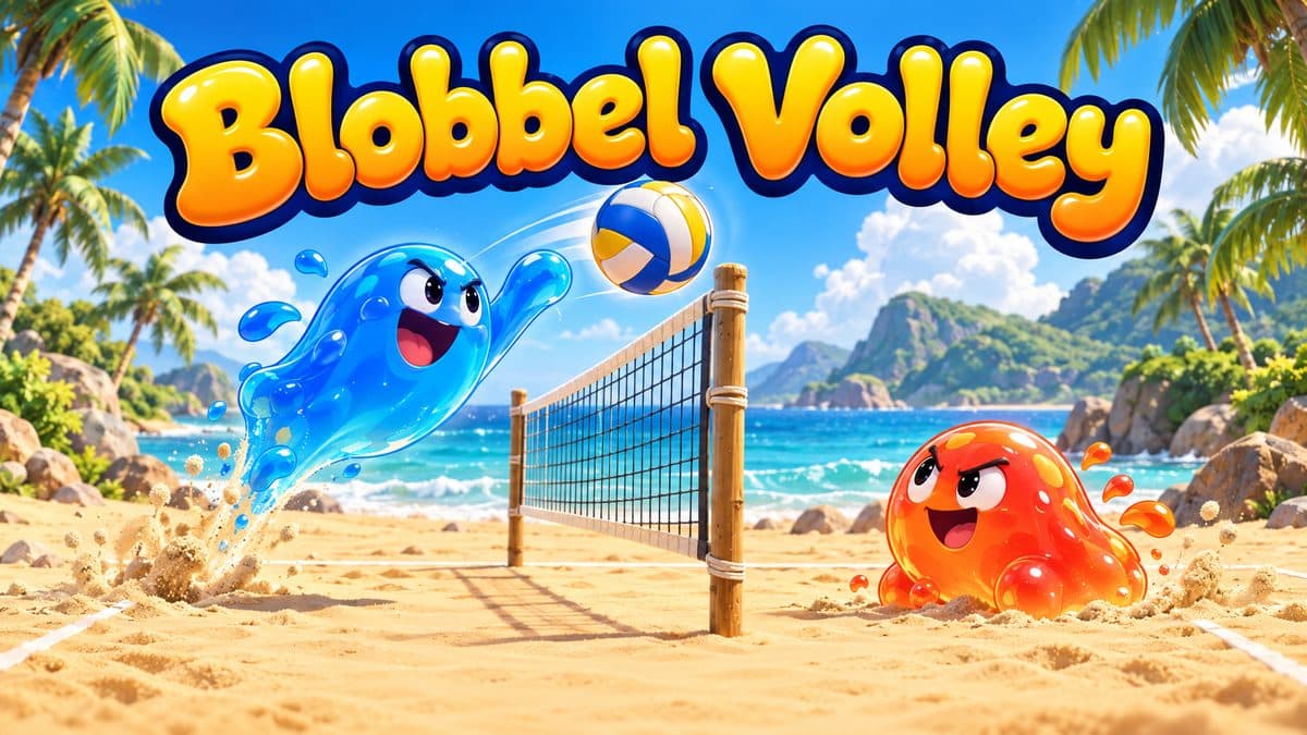 Titelbild Blobbel Volley – zwei Blobs am Strand mit Volleyball