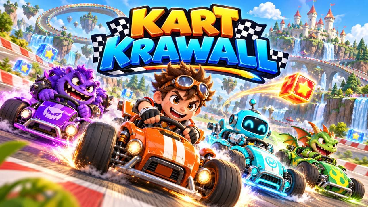 Titelbild Kart Krawall – bunte Karts rasen an einer Märchenburg mit Wasserfällen vorbei